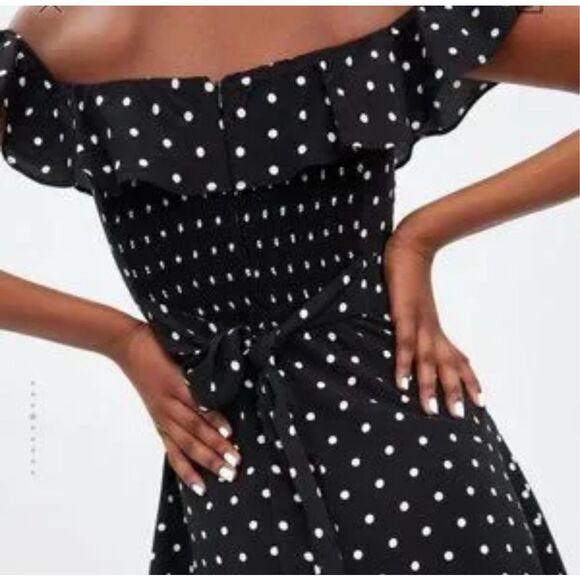 Zara NWT Black White Polka Dot Off Shoulder Tie Back Mini Sundress Size Small - Picture 2 of 12